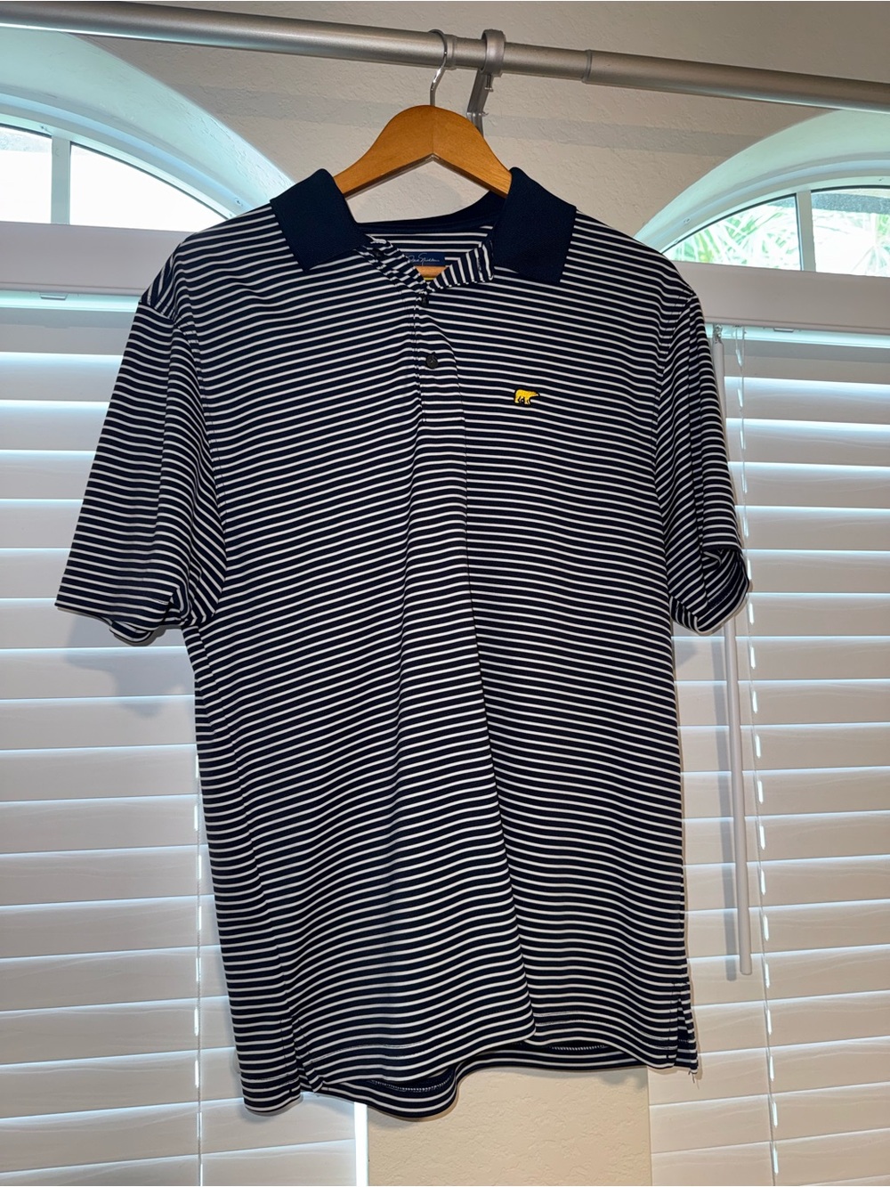 Jack Nicklaus Golf Polo Men’s Large Navy White Stripe Golden Bear